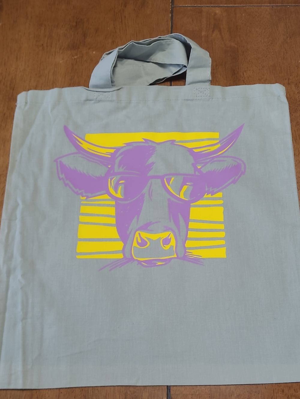 Gray Canvas Tote Bag with Purple & Yellow Cow Graphic